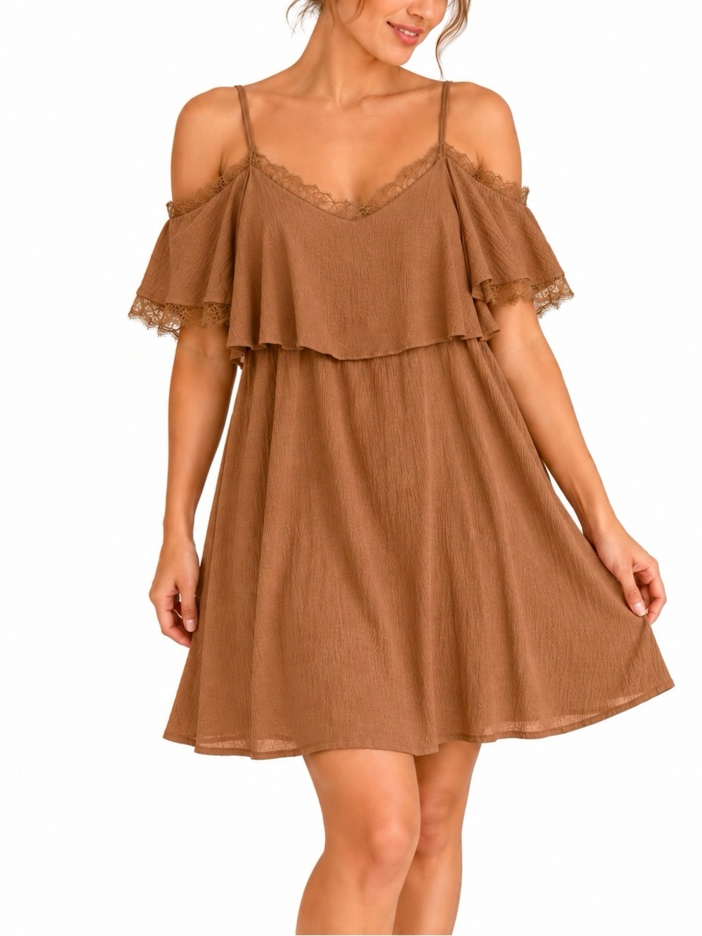 Umgee Brown Cold Shoulder Dress Boho Lace Ruffle 100% Cotton EUC